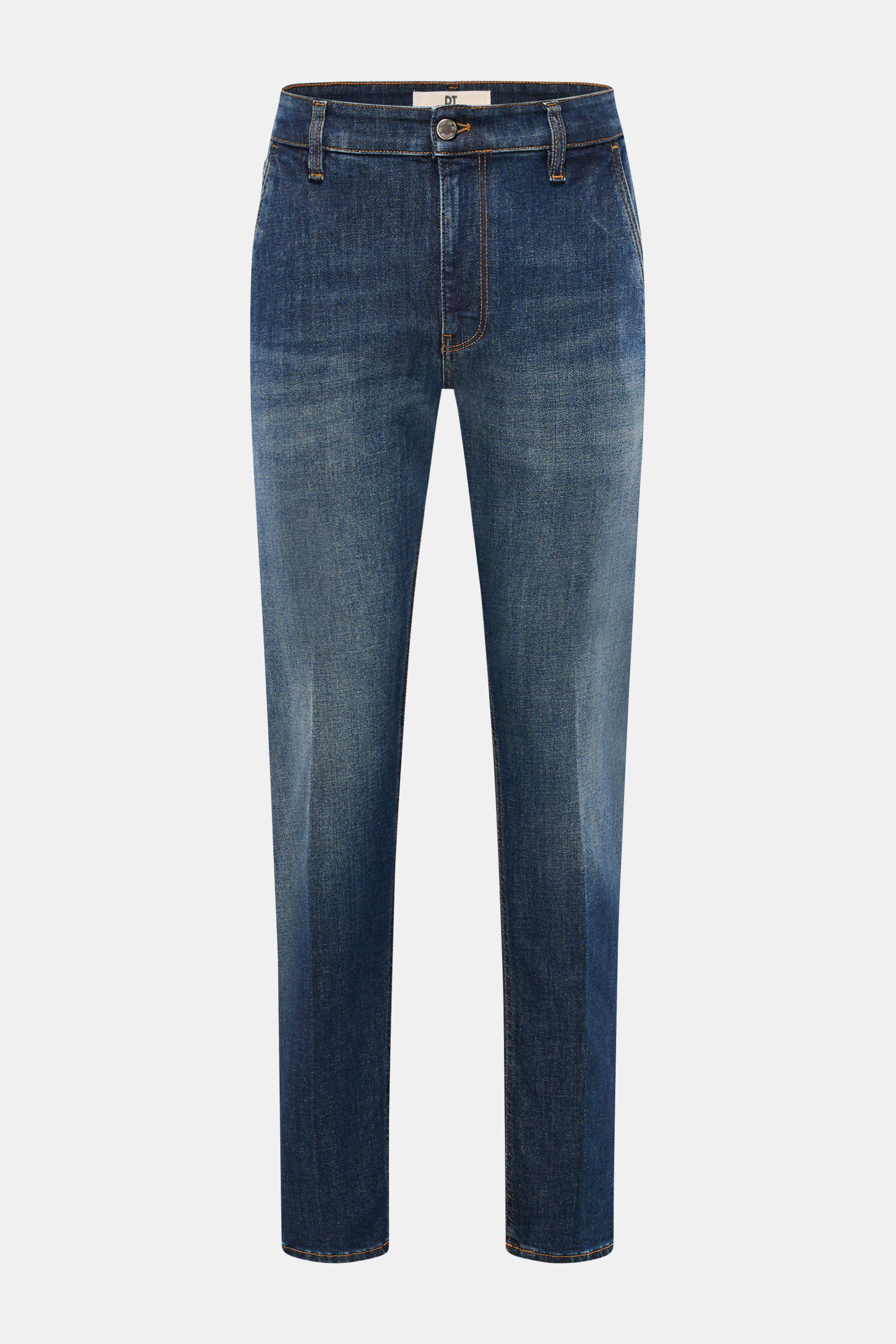 Front view of PT Torino Denim Jeans 'Indie' grey blue, slim fit ankle-length denim with zip fly, French pockets, leather patch, and authentic used wash.
