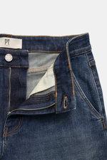 PT Torino Denim Jeans 'Indie' graublau, Slim Fit, leicht elastische Baumwolle, Zip Fly, französische Taschen, geöffnete Front, Nahaufnahme von oben.