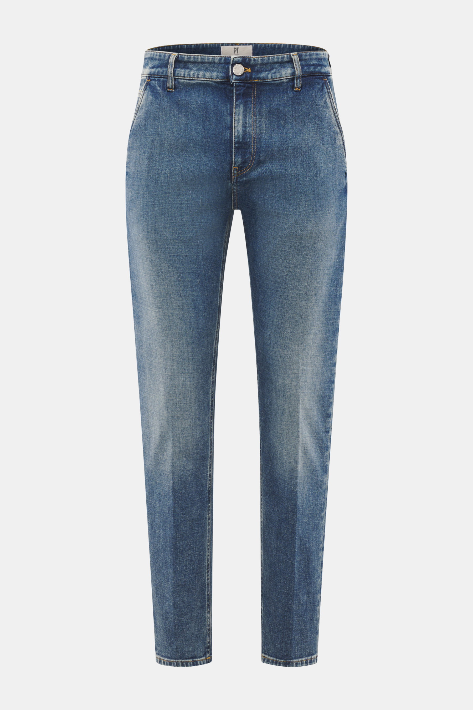 PT Torino Denim Jeans 'Indie' blau, slim Fit, knöchellang, elastische Baumwolle mit Used-Waschung, Frontansicht, französische Taschen, Zip Fly.