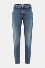 PT Torino Denim Jeans 'Indie' blau, slim Fit, knöchellang, elastische Baumwolle mit Used-Waschung, Frontansicht, französische Taschen, Zip Fly.