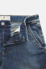 PT Torino Denim Jeans 'Indie' blau, Detailaufnahme von vorne mit offenem Zip Fly, authentischer Used-Waschung, Slim Fit, elastische Baumwolle.