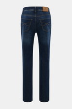 Brunello Cucinelli Jeans 'Traditional Fit' graublau, Rückansicht, schmal zulaufend, Five-Pocket, leichte Used-Waschung, Button Fly, Lederpatch, weicher Griff.