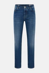 Brunello Cucinelli Jeans 'Traditional Fit' blau, frontale Nahaufnahme, leichter Used-Look, schmal zulaufend, Five-Pocket, Button Fly, weicher Denim.