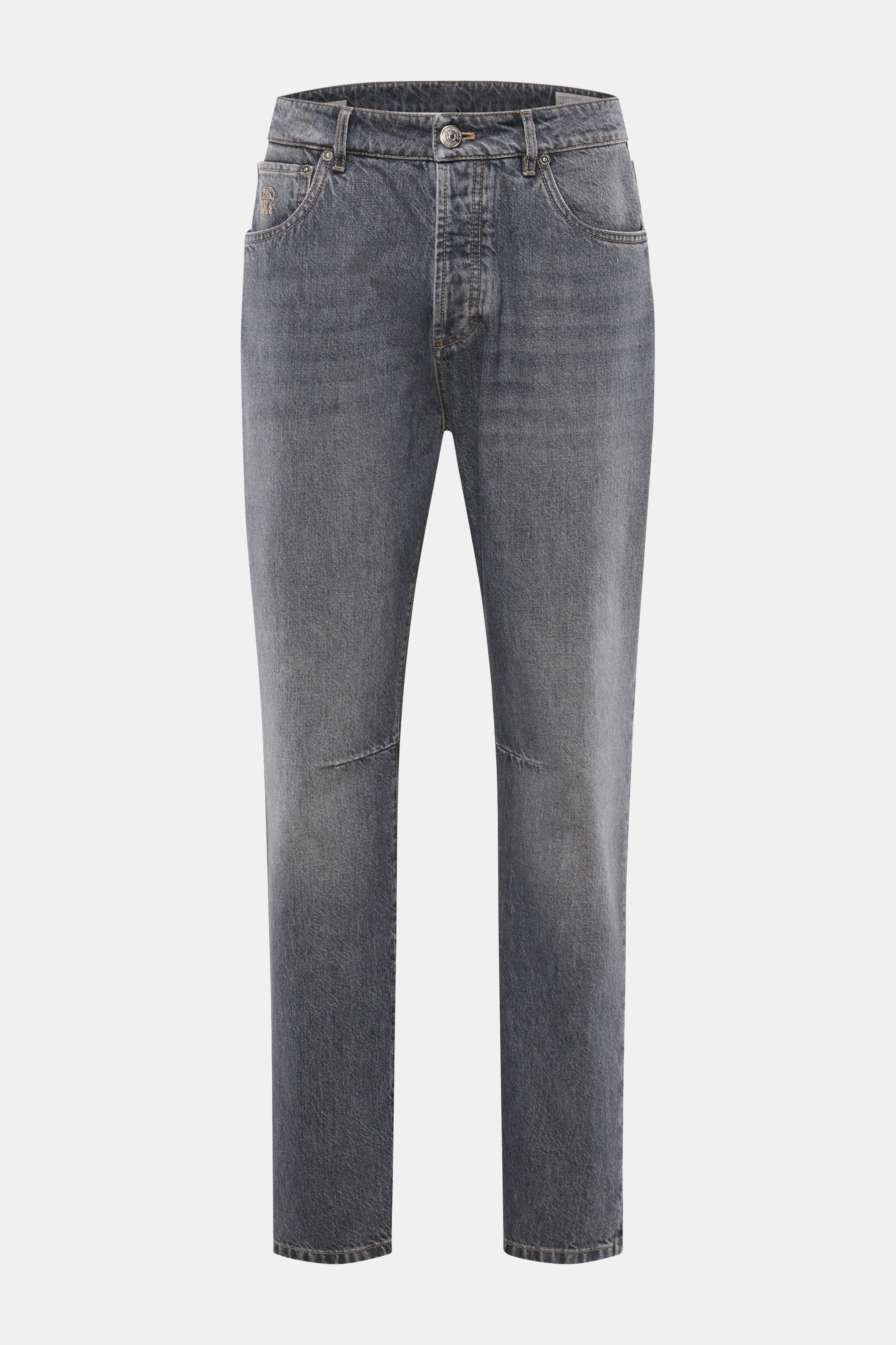 Brunello Cucinelli Jeans 'Leisure Fit' grau, frontale Nahaufnahme, Denim aus reiner Baumwolle, Used-Waschung, Tapered Fit, hoher Bund, knöchellang.