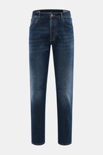 Front view of Brunello Cucinelli Jeans 'Leisure Fit' grey blue, cotton denim with stretch, tapered slim fit, high waist, ankle length.
