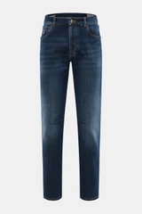 Front view of Brunello Cucinelli Jeans 'Leisure Fit' grey blue, cotton denim with stretch, tapered slim fit, high waist, ankle length.