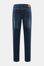 Rear view of Brunello Cucinelli Jeans 'Leisure Fit' grey blue, tapered cotton denim with stretch, button fly, high waist, and logo-stitch coin pocket.