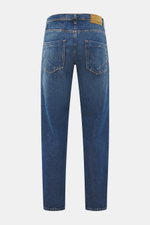 Incotex Jeans dunkelblau, Rückansicht, Denim aus reiner Baumwolle, leicht griffig, Tapered Fit, reguläre Oberschenkelweite, knöchellang, Five-Pocket, Button Fly, Leather Patch.