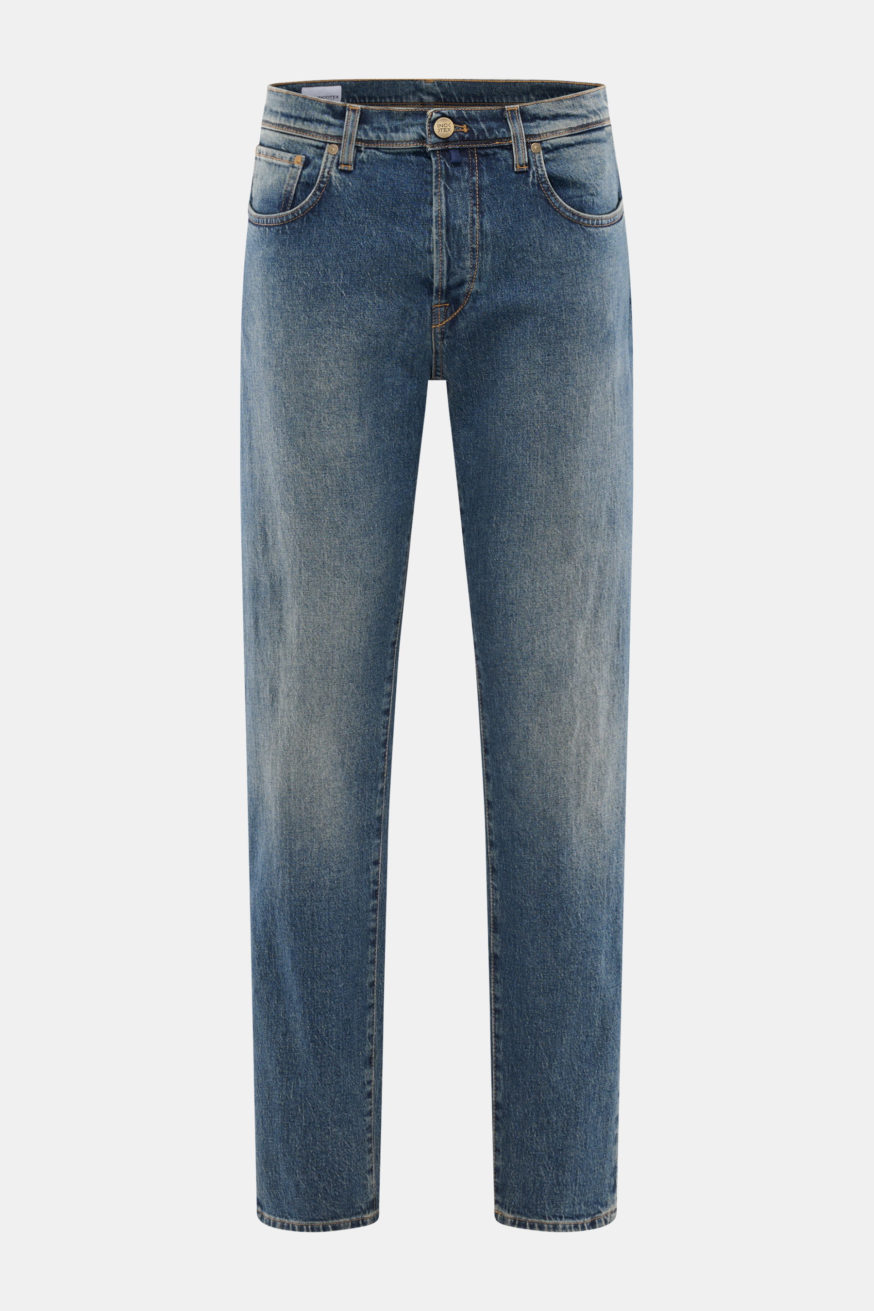 Front view of Incotex Jeans smoky blue made of elastic cotton with slightly grippy texture, authentic wash, slim fit, slightly tapered legs, five-pocket style, button fly, and leather patch.