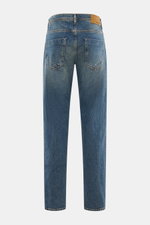 Incotex Jeans smoky blue shown from the back, slim fit, slightly tapered, five-pocket style, button fly, leather patch, denim made of elastic cotton with slightly grippy texture and authentic wash.