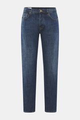 Incotex Jeans dunkelblau, frontal fotografiert, Denim aus Baumwolle, leicht elastisch, griffig, Tapered Fit, knöchellang, Five-Pocket-Stil, Button Fly, Leather Patch.