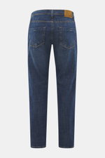 Incotex Jeans dunkelblau, rückseitige Ansicht, Denim aus Baumwolle, leicht elastisch, griffig, Tapered Fit, reguläre Oberschenkelweite, knöchellang, Five-Pocket-Stil, Button Fly, Leather Patch.