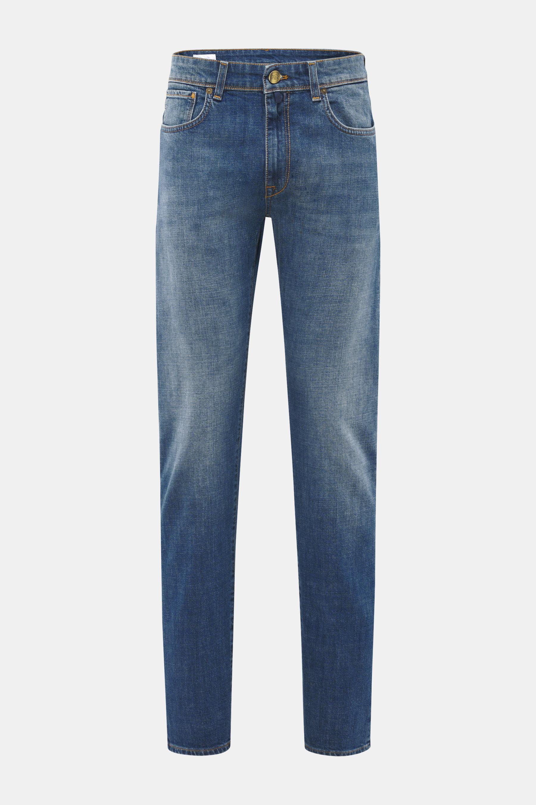 Incotex Jeans dunkelblau, frontal fotografiert, Slim Fit, leicht schmal zulaufend, Denim aus elastischer Baumwolle, Five-Pocket-Stil, Button Fly, Leather Patch, leicht griffige Haptik.