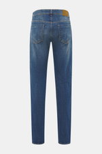 Incotex Jeans dunkelblau, Rückansicht, Slim Fit, leicht schmal zulaufend, Denim elastisch, Five-Pocket-Stil, Button Fly, Leather Patch, griffige Haptik.