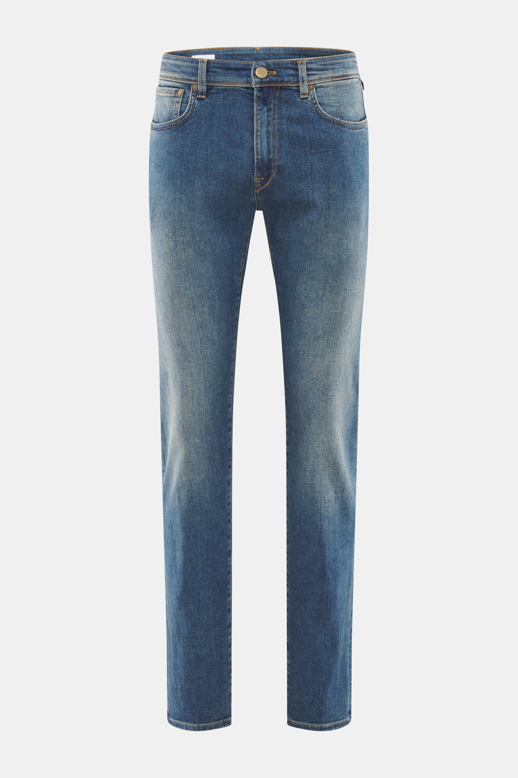Front view of Incotex Jeans smoky blue made of elastic cotton with a slightly grippy texture, authentic wash, slim fit, slightly tapered, five-pocket style, button fly, and leather patch.