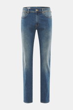 Incotex Jeans rauchblau frontal fotografiert, Slim Fit, Five-Pocket-Stil, Button Fly, Leather Patch, Denim elastisch, leicht griffig, authentisch gewaschen.
