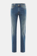 Incotex Jeans rauchblau frontal fotografiert, Slim Fit, Five-Pocket-Stil, Button Fly, Leather Patch, Denim elastisch, leicht griffig, authentisch gewaschen.