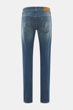 Incotex Jeans rauchblau, Rückansicht, Denim aus elastischer Baumwolle, leicht griffig, authentische Waschung, Slim Fit, schmal zulaufend, Five-Pocket, Button Fly, Leather Patch.