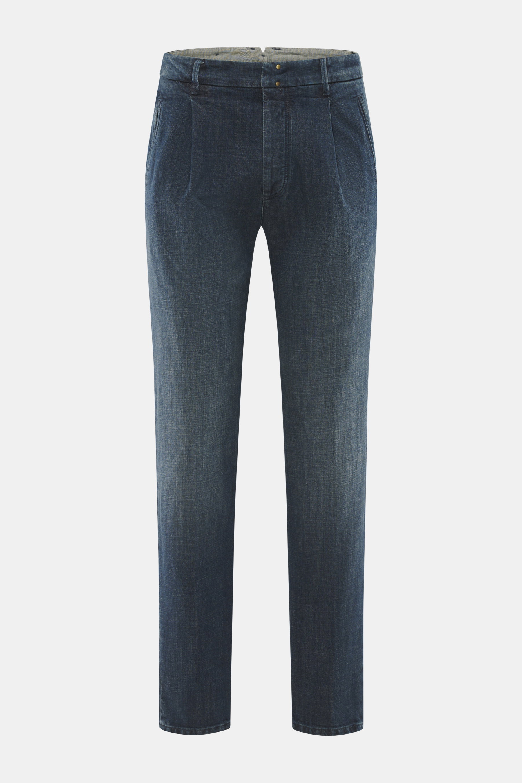 Incotex Jeans navy, Frontansicht, Denim aus Baumwolle mit leichtem Stretch, griffig, Raw Design, Regular Fit, Indigo gefärbt, schmal zulaufend, Button Fly, Bundhaken, paspelierte Taschen.