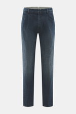 Incotex Jeans navy, Frontansicht, Denim aus Baumwolle mit leichtem Stretch, griffig, Raw Design, Regular Fit, Indigo gefärbt, schmal zulaufend, Button Fly, Bundhaken, paspelierte Taschen.