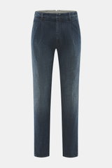 Incotex Jeans navy, Frontansicht, Denim aus Baumwolle mit leichtem Stretch, griffig, Raw Design, Regular Fit, Indigo gefärbt, schmal zulaufend, Button Fly, Bundhaken, paspelierte Taschen.