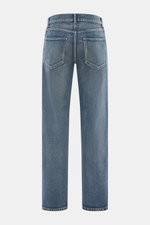 Rückansicht der The Row Jeans 'Moe' rauchblau aus reiner Baumwolle mit tapered Fit, authentischer Used-Waschung und Five-Pocket-Stil.