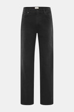Front view of The Row Jeans 'Vanya' black in textured, softly washed pure cotton denim, tapered fit, ankle length, zip fly, five-pocket style.