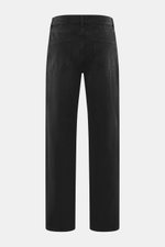 Rear view of The Row Jeans 'Vanya' black showing black-textured denim with subtle tonal variations, tapered fit, regular thigh width, ankle length, straight cut, zip fly, and five-pocket style made of pure cotton with a soft touch.