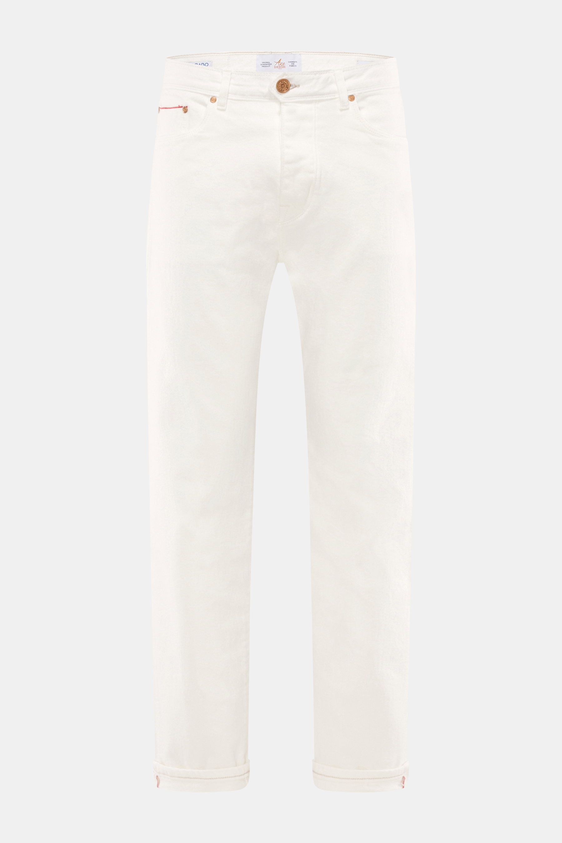 Front view of Ace Denim Jeans 'AD 53' offwhite, selvedge denim made of cotton, light stretch, soft touch, tapered fit, very slim tapering, button fly, five-pocket style, embroidered patch.