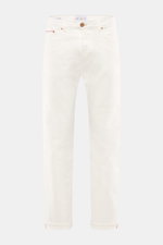 Frontansicht der Ace Denim Jeans 'AD 53' offwhite aus Selvedge-Denim mit leichtem Stretch, weichem Griff, Tapered Fit, Button Fly, Five-Pocket-Stil und besticktem Patch.