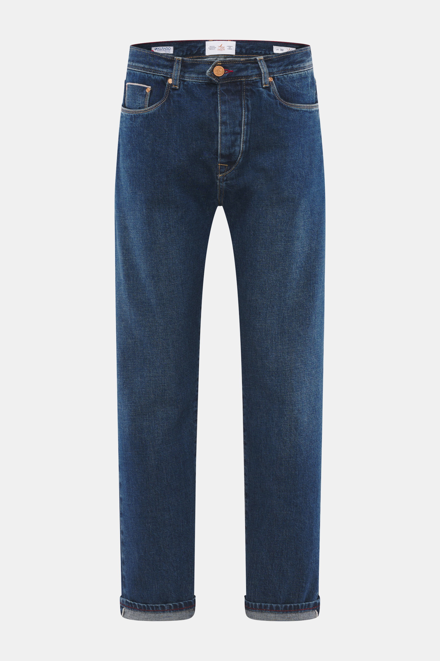 Front view of Ace Denim Jeans 'AD 53' dark blue, selvedge denim made of cotton, light stretch, soft touch, tapered fit, very slim tapering, button fly, five-pocket style, embroidered patch.