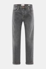 Front view of Ace Denim Jeans 'AD 53' dark grey, selvedge denim made of cotton with light stretch, soft touch, tapered fit, very slim tapering, button fly, five-pocket style, and embroidered patch.