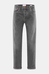 Front view of Ace Denim Jeans 'AD 53' dark grey, selvedge denim made of cotton with light stretch, soft touch, tapered fit, very slim tapering, button fly, five-pocket style, and embroidered patch.