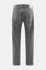 Back view of Ace Denim Jeans 'AD 53' dark grey in selvedge denim made of cotton with light stretch, soft touch, tapered fit, very slim tapering, button fly, five-pocket style, and embroidered patch.
