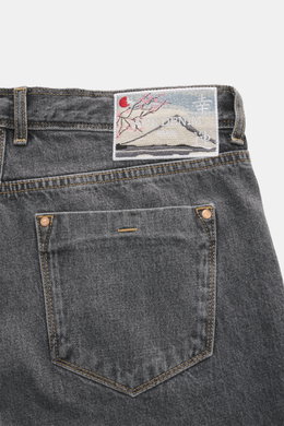 Close-up rear view of Ace Denim Jeans 'AD 53' dark grey showcasing the embroidered patch, selvedge denim made of cotton, light stretch, soft touch, tapered fit, very slim tapering, button fly, and five-pocket style.