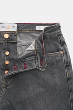 Close-up front view of Ace Denim Jeans 'AD 53' dark grey showing button fly, five-pocket style with embroidered patch, selvedge denim made of cotton, light stretch content, soft touch, tapered fit, and very slim tapering.