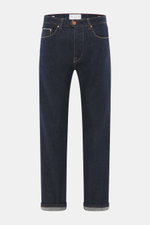 Frontansicht der Ace Denim Jeans 'AD 53' navy, Selvedge-Denim aus Baumwolle mit leichtem Stretch, weichem Griff, Tapered Fit, sehr schmal zulaufend, Button Fly, Five-Pocket-Stil und besticktem Patch.