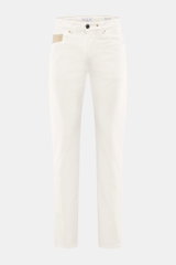 Ace Denim Jeans 'AD 03' offwhite, Frontansicht, slim Fit, Baumwolle mit leichtem Stretch, Five-Pocket-Stil, Zip Fly, gummierte Patches, feine Stitchings.
