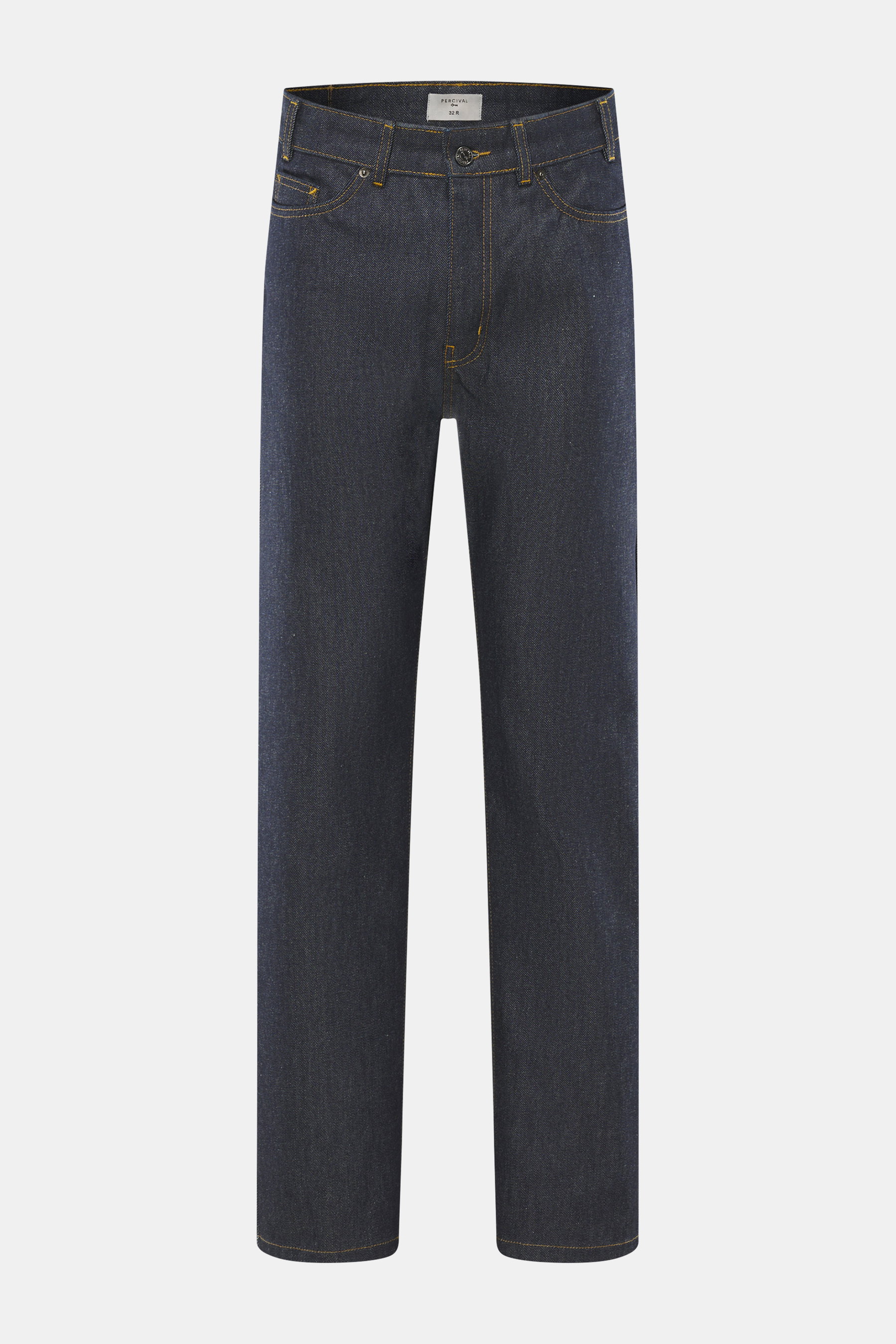 Front view of Percival Jeans 'Straight Leg' dark blue, denim made from pure cotton, typical material structure, grippy quality, tapered fit, regular thigh width, ankle length, straight cut, zip fly, five-pocket style.
