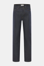 Front view of Percival Jeans 'Straight Leg' dark blue, denim made from pure cotton, typical material structure, grippy quality, tapered fit, regular thigh width, ankle length, straight cut, zip fly, five-pocket style.