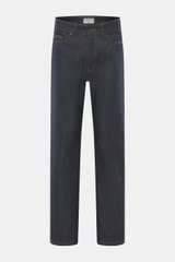 Front view of Percival Jeans 'Straight Leg' dark blue, denim made from pure cotton, typical material structure, grippy quality, tapered fit, regular thigh width, ankle length, straight cut, zip fly, five-pocket style.