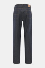 Rear view of Percival Jeans 'Straight Leg' dark blue, denim made from pure cotton, typical material structure, grippy quality, tapered fit, regular thigh width, ankle length, straight cut, zip fly, five-pocket style.