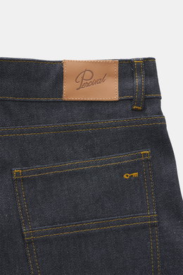 Close-up rear view of Percival Jeans 'Straight Leg' dark blue showing denim made from pure cotton with typical material structure, grippy quality, tapered fit, regular thigh width, ankle length, straight cut, zip fly, and five-pocket style.