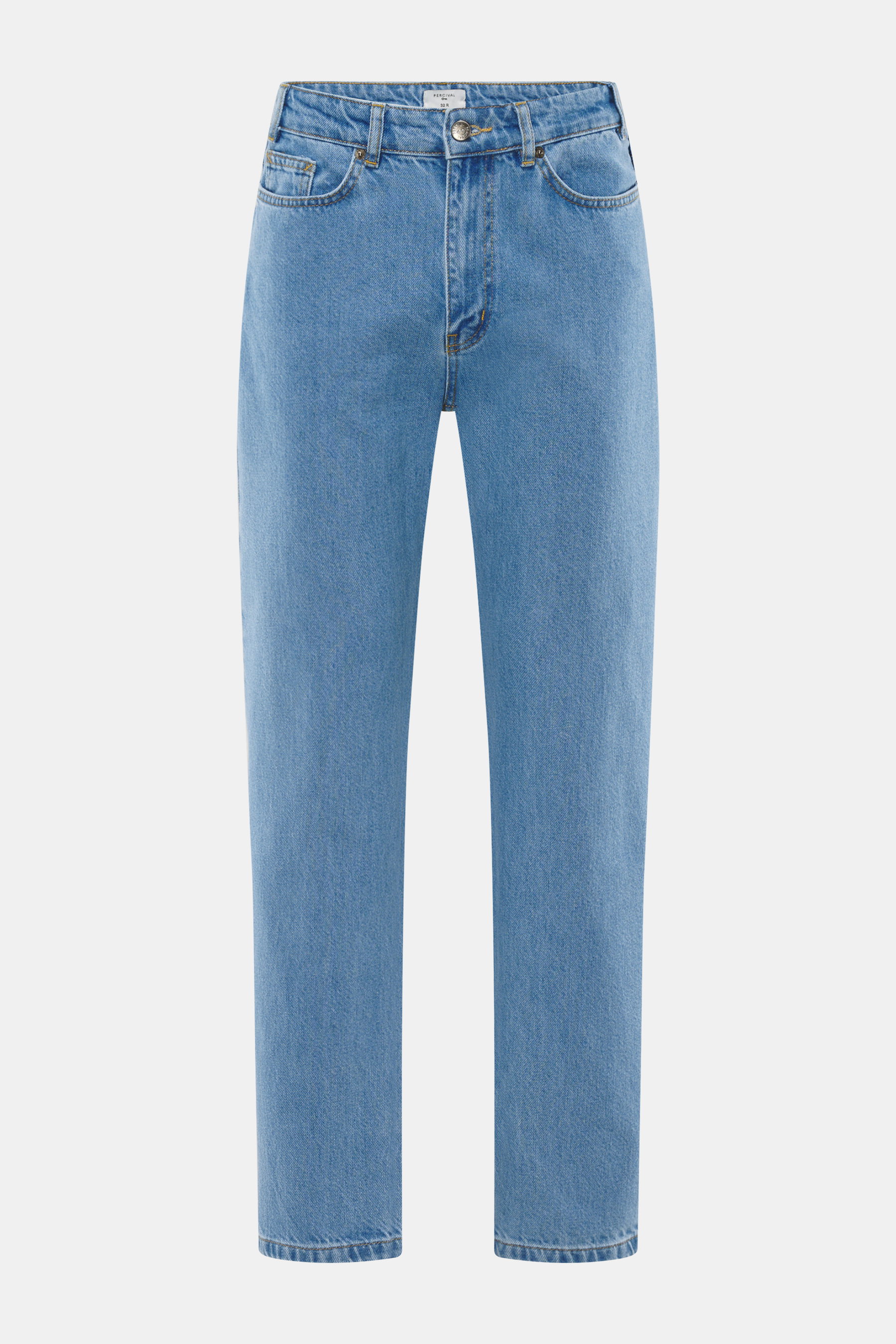 Front view of Percival Light Blue Jeans made from pure cotton denim with typical material texture, grippy quality, tapered fit, regular thigh width, ankle length, straight cut, zip fly, and five-pocket style.