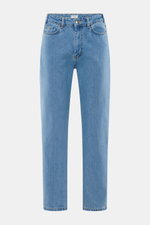 Front view of Percival Light Blue Jeans made from pure cotton denim with typical material texture, grippy quality, tapered fit, regular thigh width, ankle length, straight cut, zip fly, and five-pocket style.