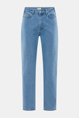 Front view of Percival Light Blue Jeans made from pure cotton denim with typical material texture, grippy quality, tapered fit, regular thigh width, ankle length, straight cut, zip fly, and five-pocket style.