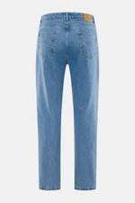 Back view of Percival Light Blue Jeans made from pure cotton denim, showing typical material texture, grippy quality, tapered fit, regular thigh width, ankle length, straight cut, zip fly, and five-pocket style.