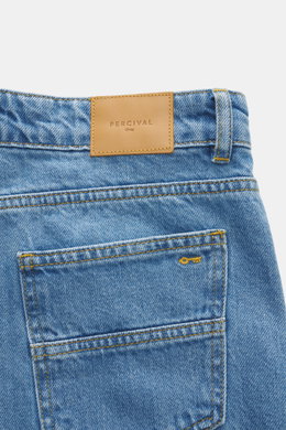 Close-up rear view of Percival Light Blue Jeans showcasing denim made from pure cotton with typical material texture, grippy quality, tapered fit, regular thigh width, ankle length, straight cut, zip fly, and five-pocket style.