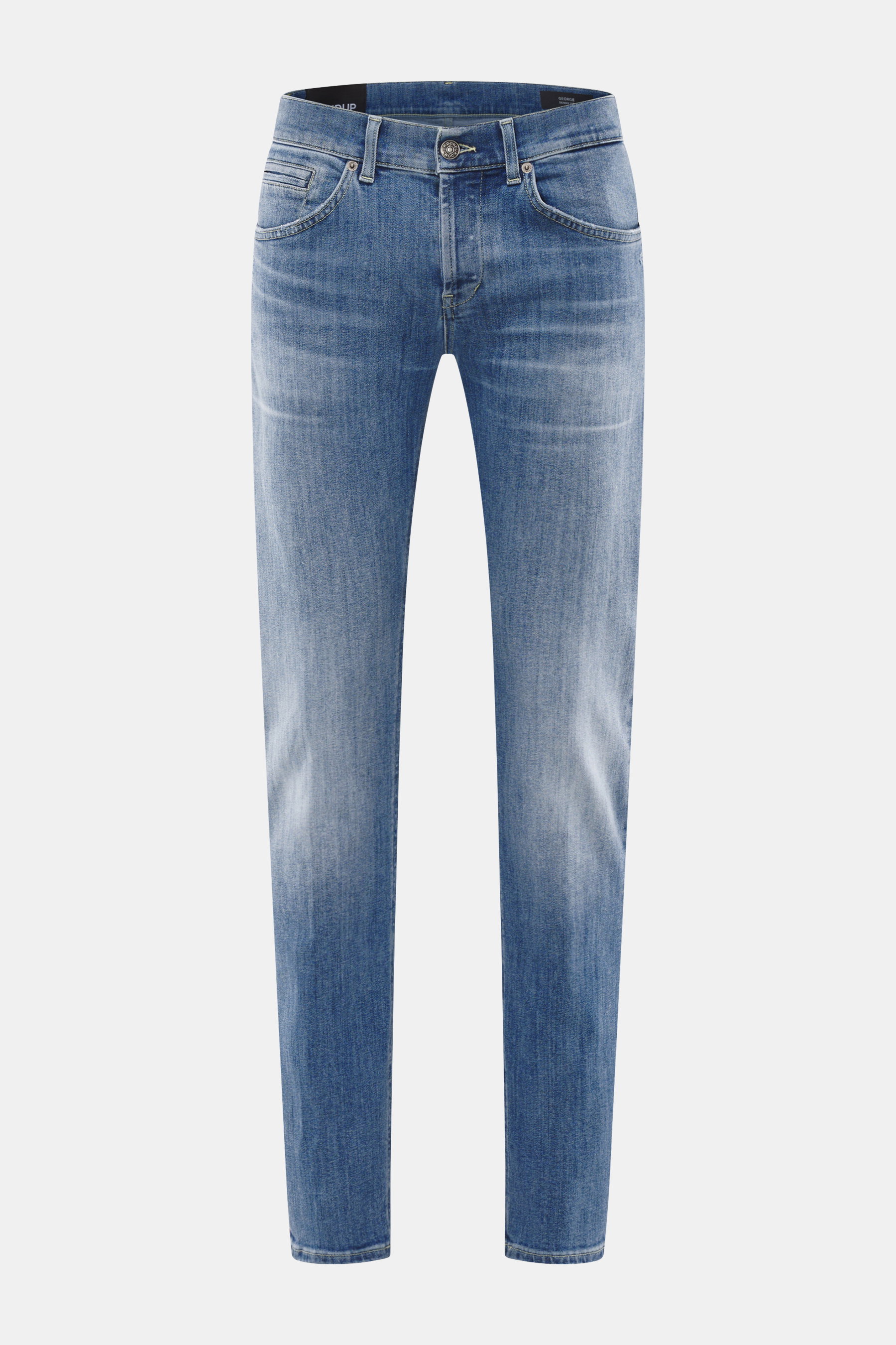 Dondup Jeans 'George' rauchblau, Skinny Fit aus elastischer Baumwolle mit authentischer Waschung, Button Fly, Five-Pocket-Stil, frontal fotografiert.