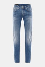 Dondup Jeans 'George' rauchblau, Skinny Fit aus elastischer Baumwolle mit authentischer Waschung, Button Fly, Five-Pocket-Stil, frontal fotografiert.